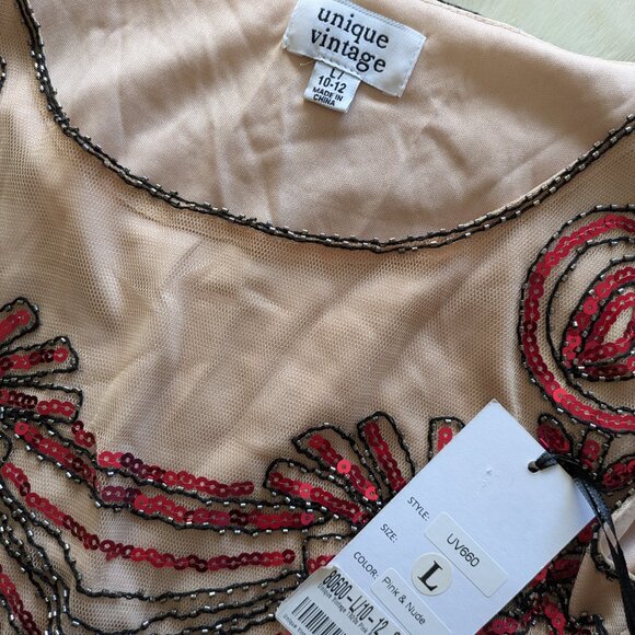 Unique Vintage 1920s Pink Beaded Yvette Fringe Cocktail Dress - L/10-12 - Picture 4 of 5